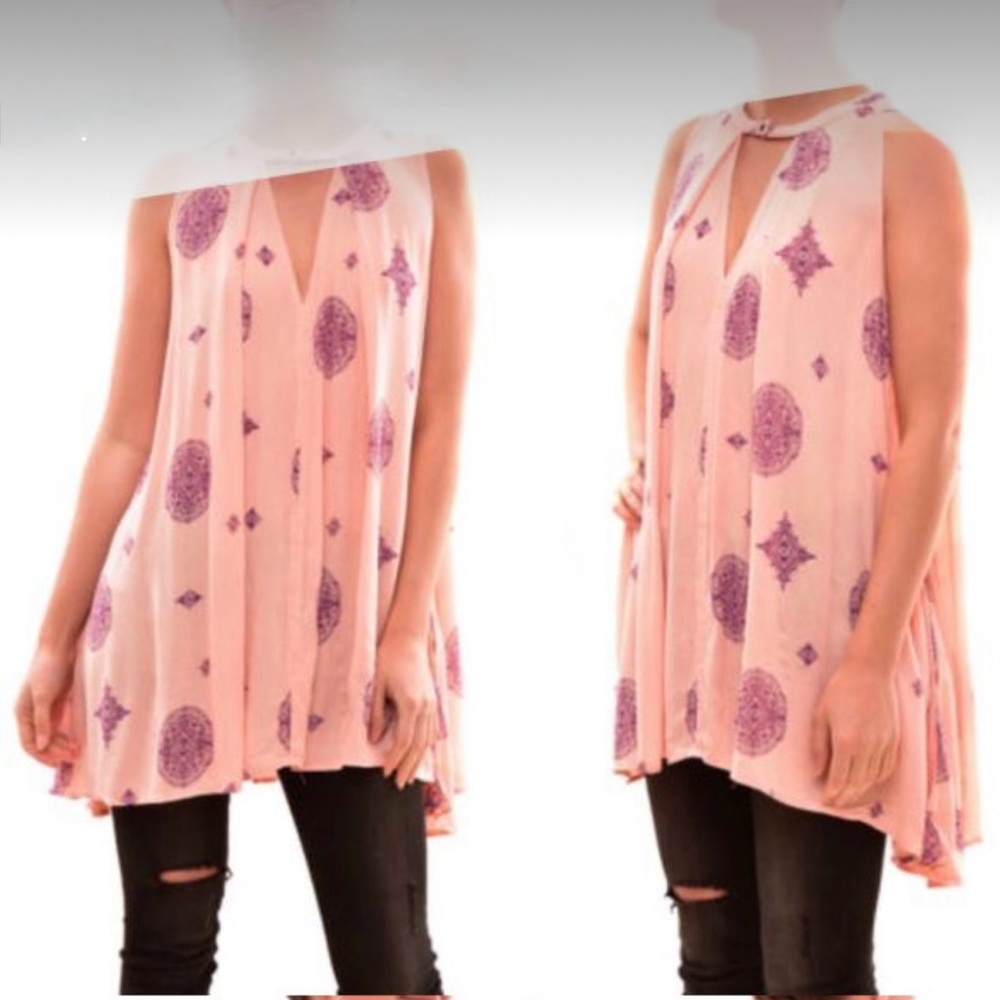 Free People Tree Swing Tunic Sz S Pink Purple Geometric Print Sleeveless Trapeze
